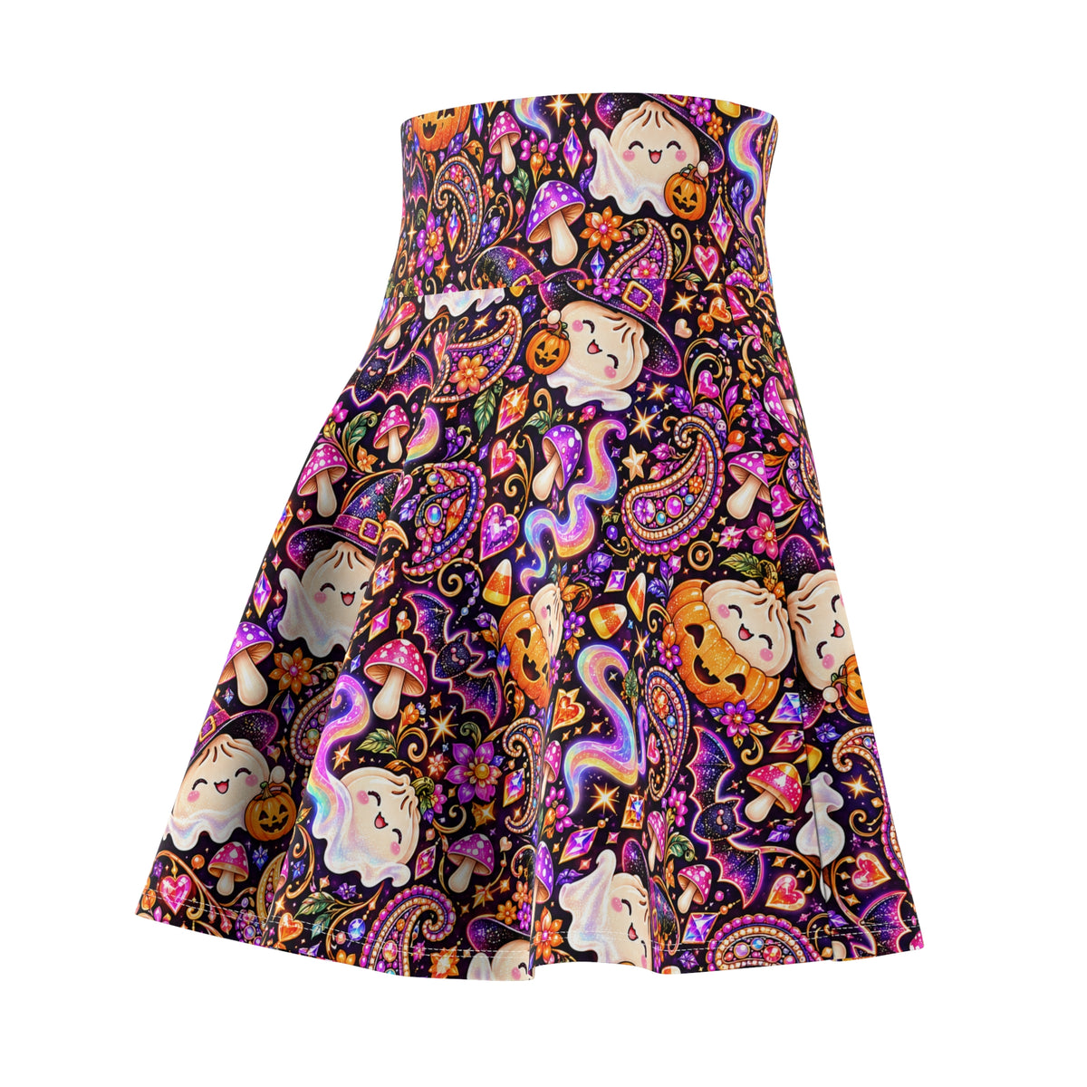 Spooky Buns Halloween Skater Skirt — Ghost, Pumpkin & Dumpling Paisley