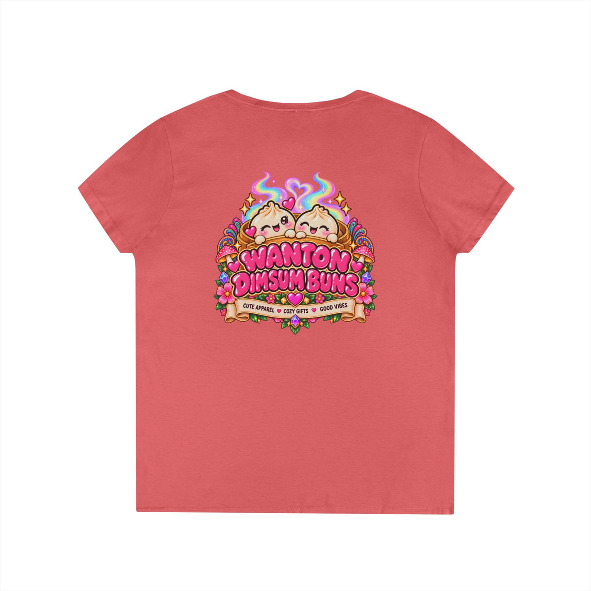 Dim Sum Bun V-Neck Tee — 'Wanton Dim Sum Buns' Cute Kawaii Food Shirt