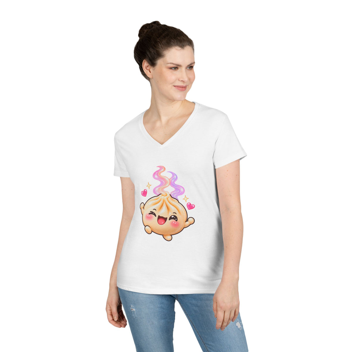 Dim Sum Bun V-Neck Tee — 'Wanton Dim Sum Buns' Cute Kawaii Food Shirt
