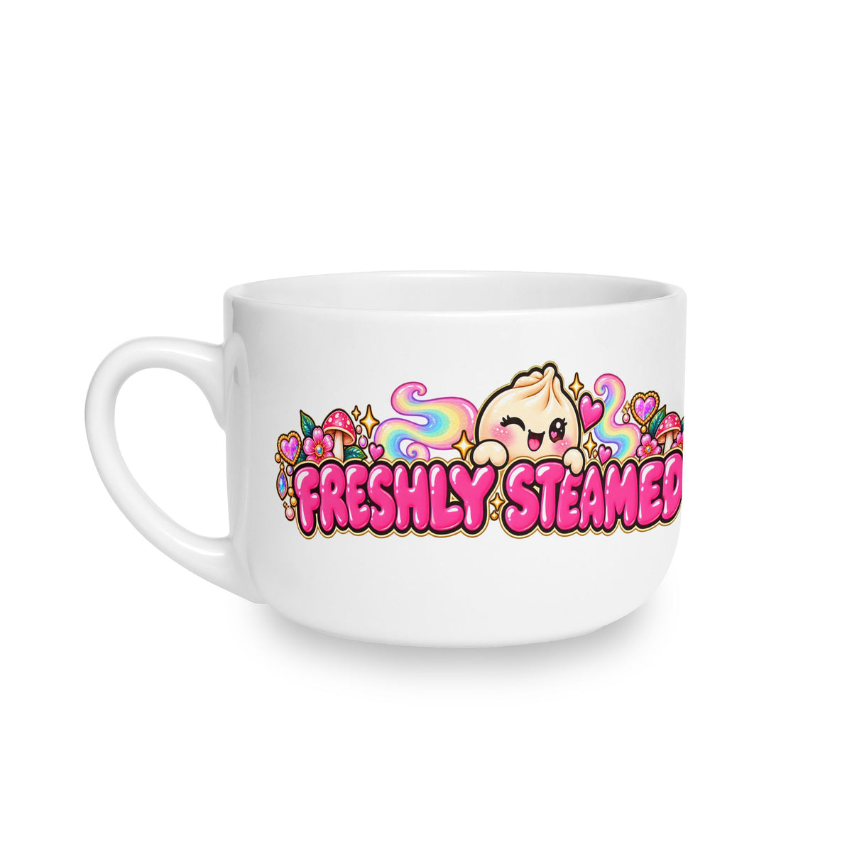 Latte Mug — Cute Kawaii Dumpling “Freshly Steamed” 25oz Ceramic Coffee Cup