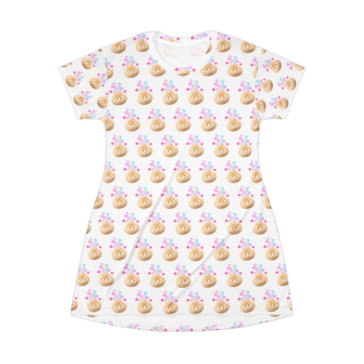 Kawaii Dumpling T-Shirt Dress — Colorful All-Over Print