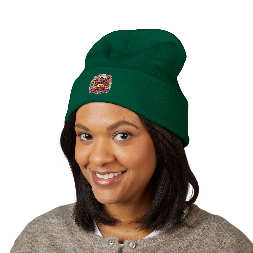 Embroidered Floral 'Love' Cuffed Beanie "Spread More Good Vibes"