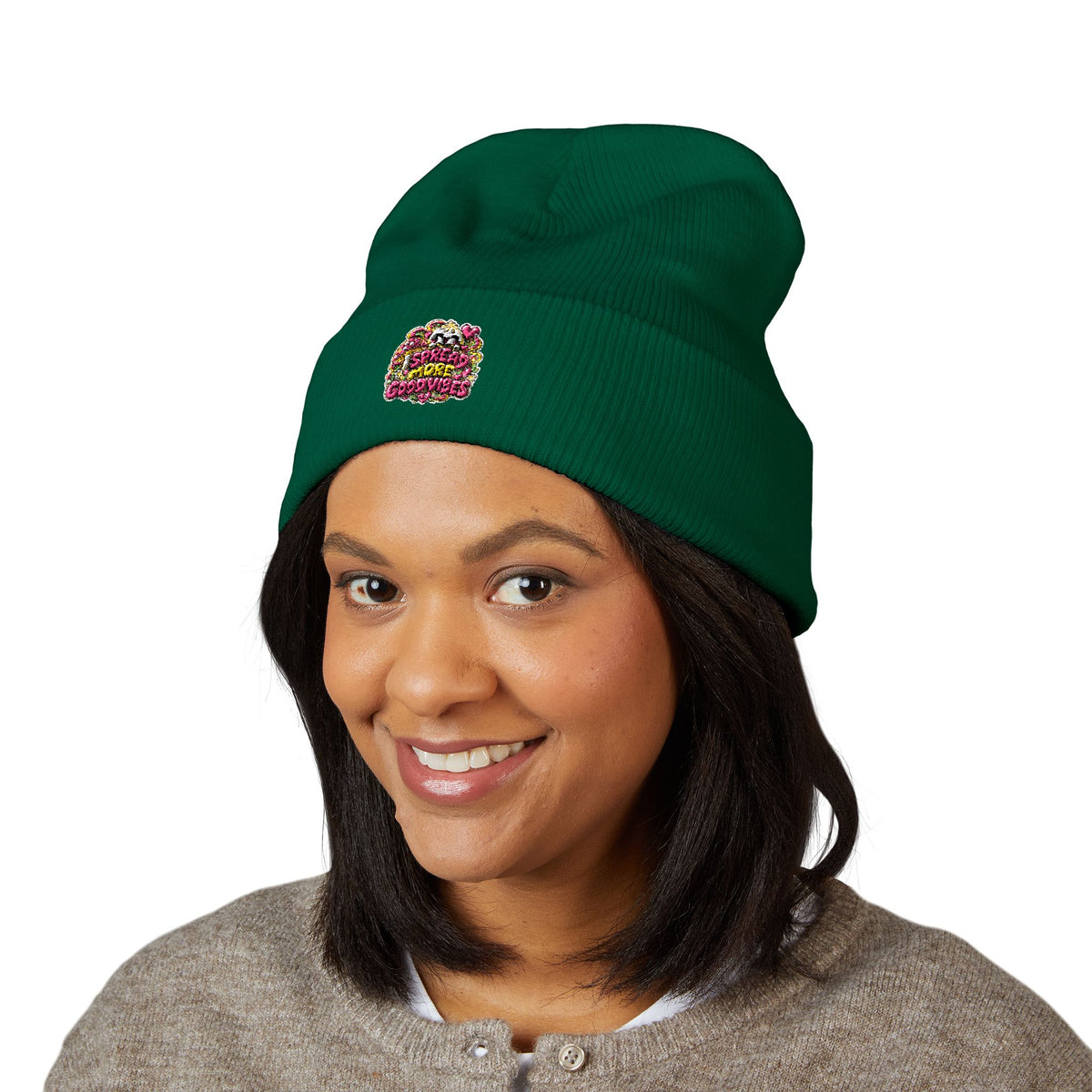 Embroidered Floral 'Love' Cuffed Beanie "Spread More Good Vibes"