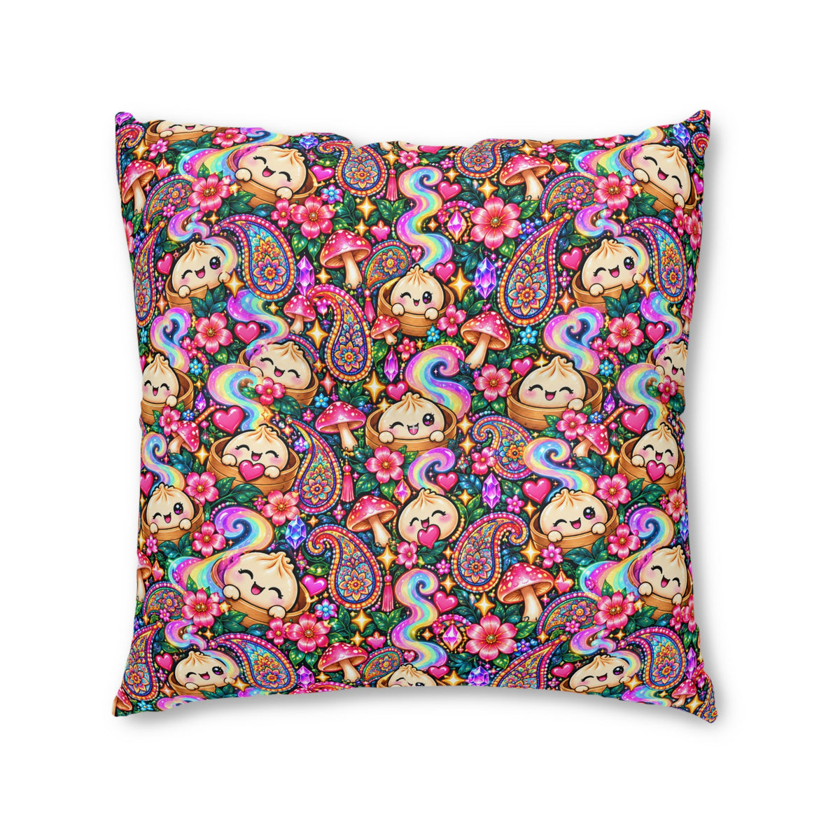 Colorful Paisley Dumpling Floor Pillow — Square Tufted Decorative Cushion