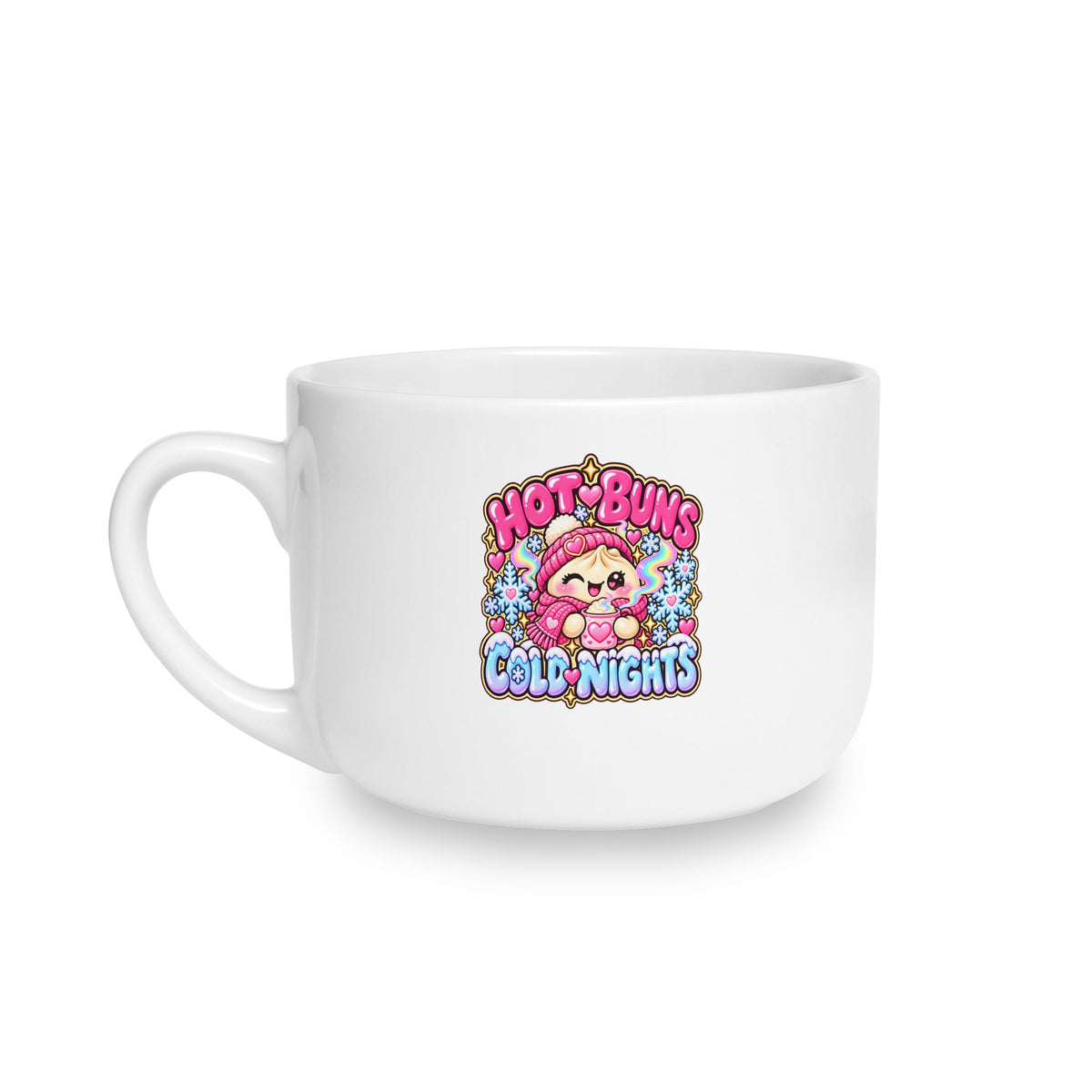 25oz Ceramic Latte Mug — Colorful Retro Floral 'Hot Buns Cold Nights' Design