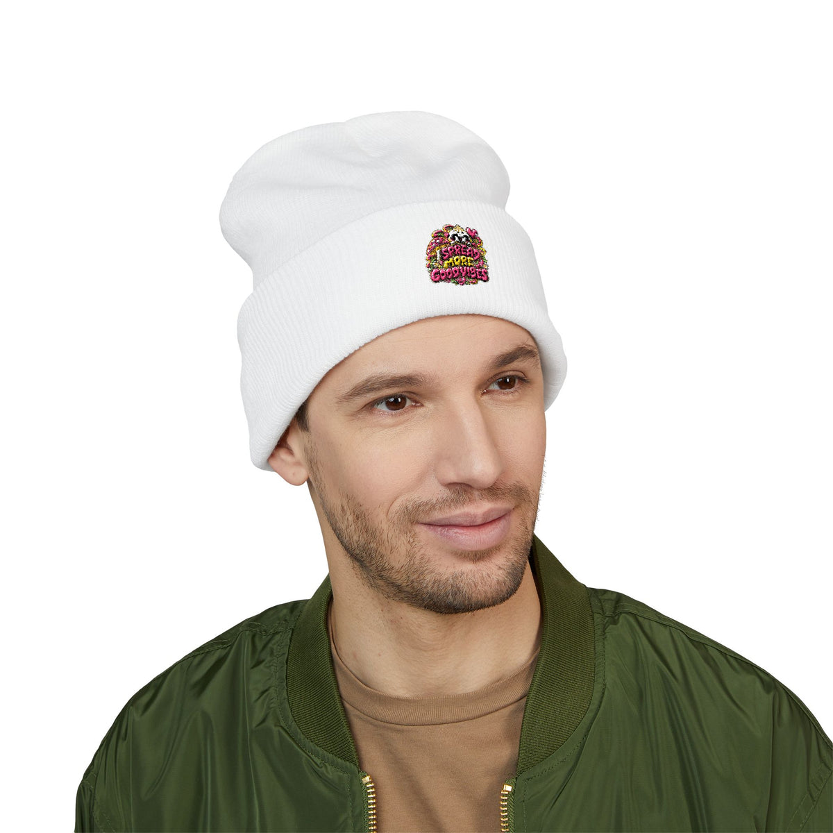 Embroidered Floral 'Love' Cuffed Beanie "Spread More Good Vibes"