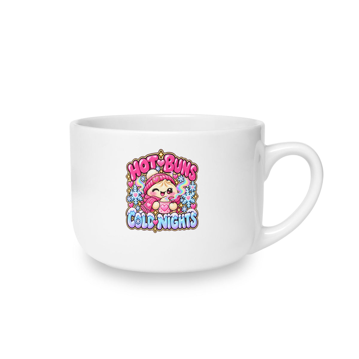 25oz Ceramic Latte Mug — Colorful Retro Floral 'Hot Buns Cold Nights' Design