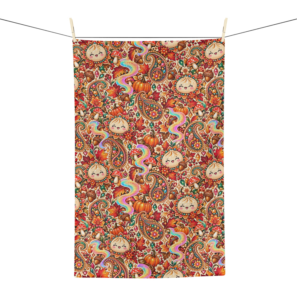 Autumn Paisley Pumpkin Dumpling Tea Towel — Whimsical Fall Microfiber Kitchen Towel