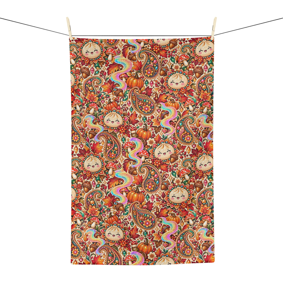 Autumn Paisley Pumpkin Dumpling Tea Towel — Whimsical Fall Microfiber Kitchen Towel