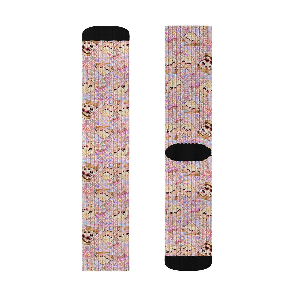 Cute Dumpling Pastel Pattern Sublimation Socks — Pink Floral Cozy Crew Socks