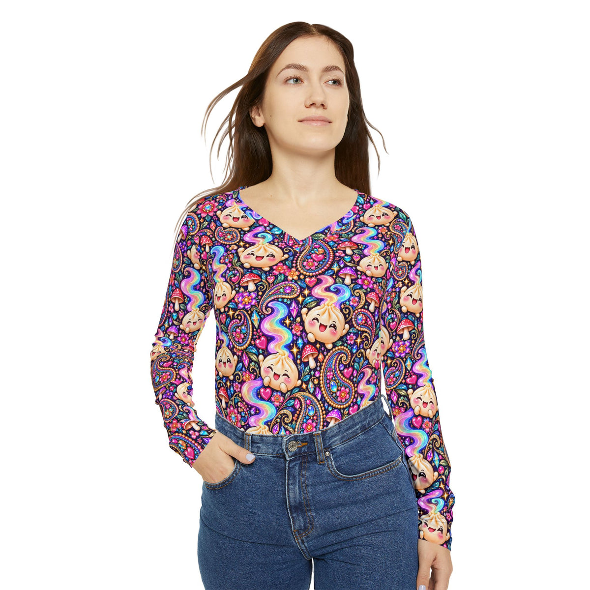 Wanton Dimsum Buns Paisley V-Neck Long Sleeve — Psychedelic Dumpling Print