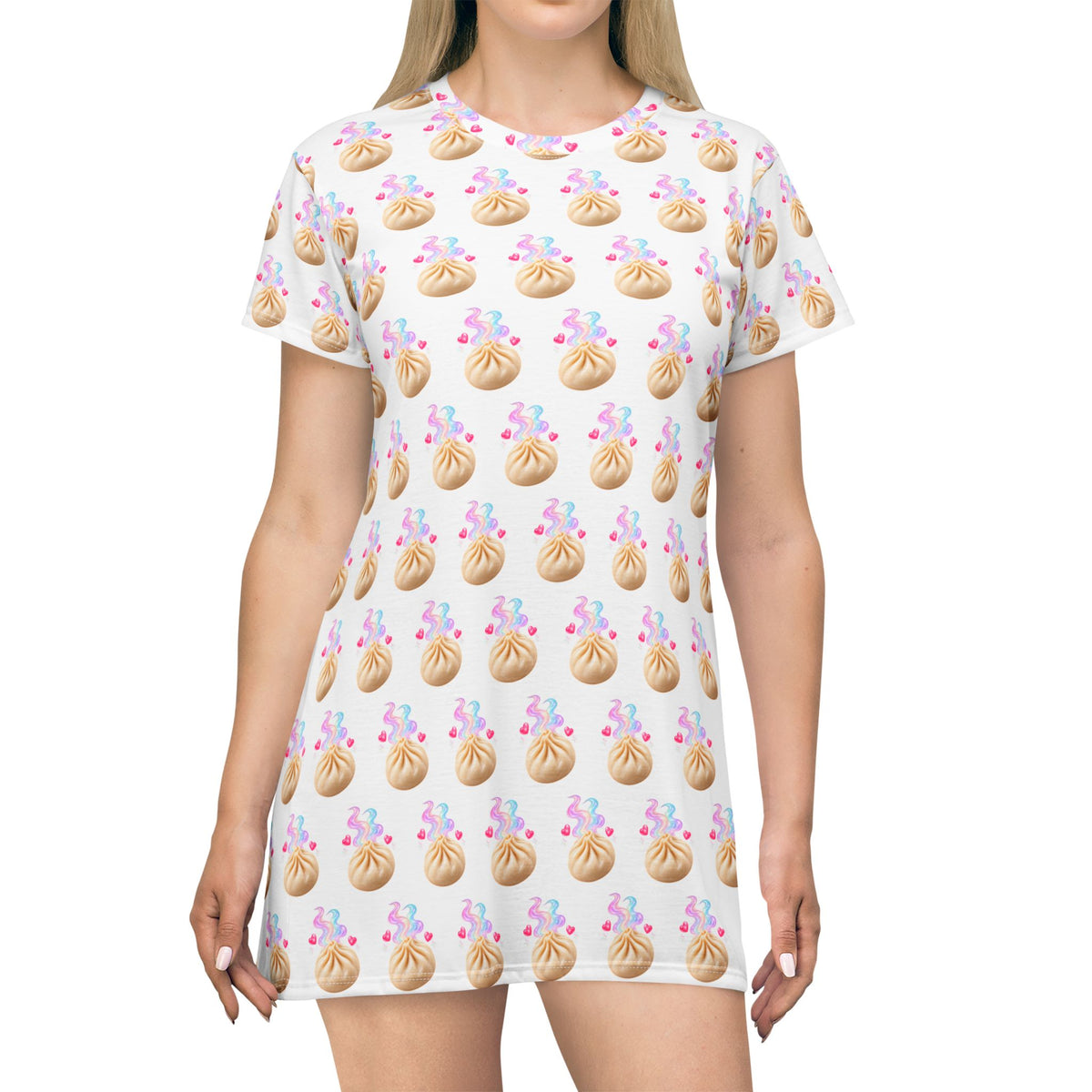 Kawaii Dumpling T-Shirt Dress — Colorful All-Over Print