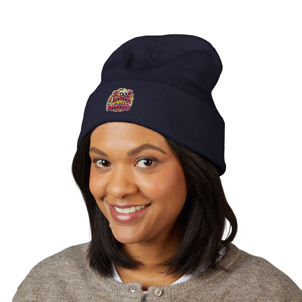 Embroidered Floral 'Love' Cuffed Beanie "Spread More Good Vibes"