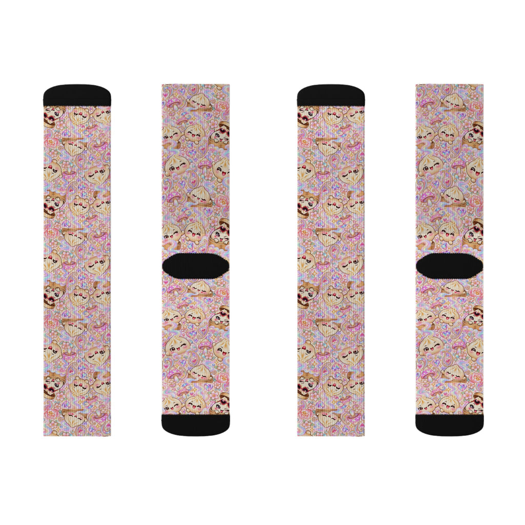 Cute Dumpling Pastel Pattern Sublimation Socks — Pink Floral Cozy Crew Socks