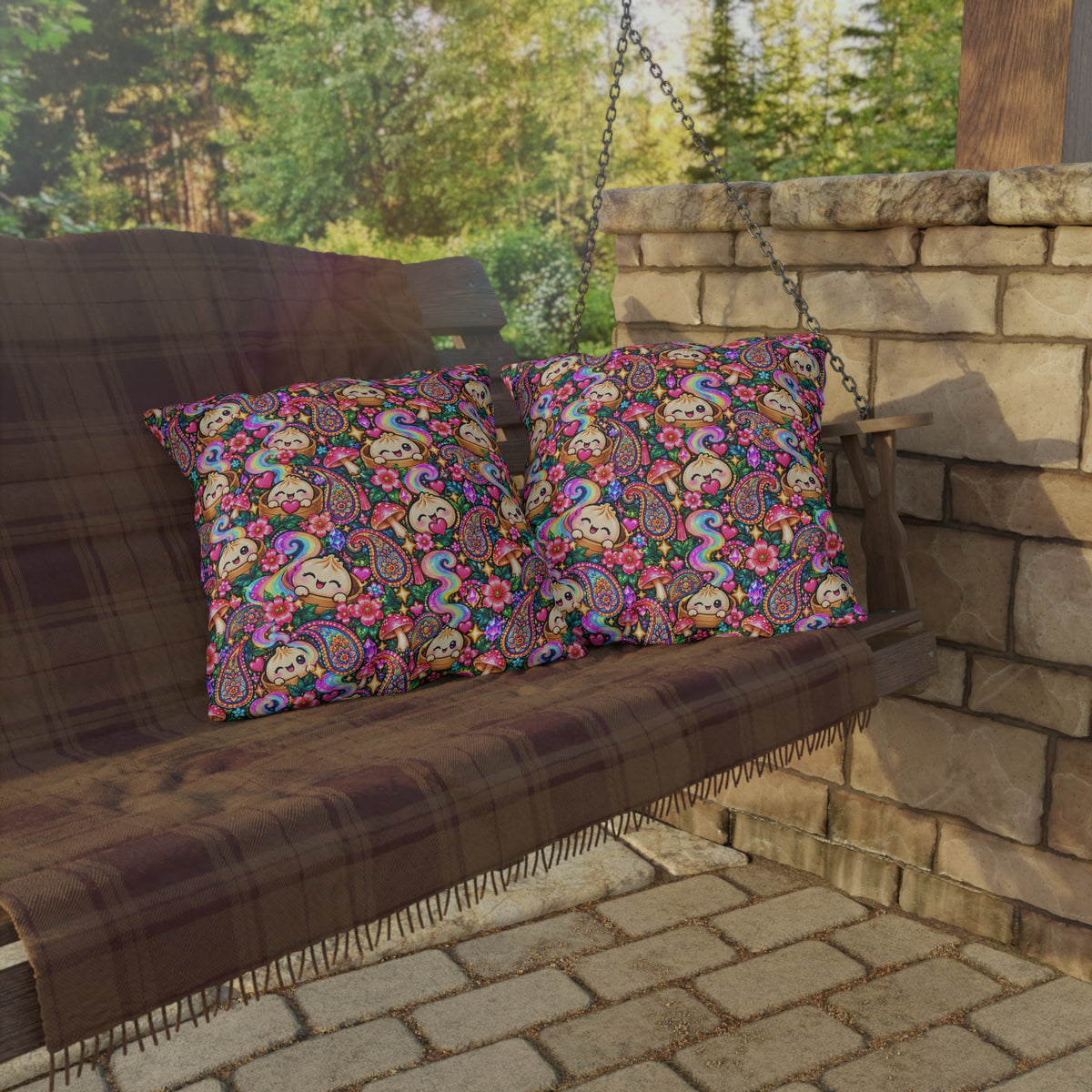 Kawaii Rainbow Dumpling Outdoor Pillow - Cute Mushroom & Flowers Accent Cushion