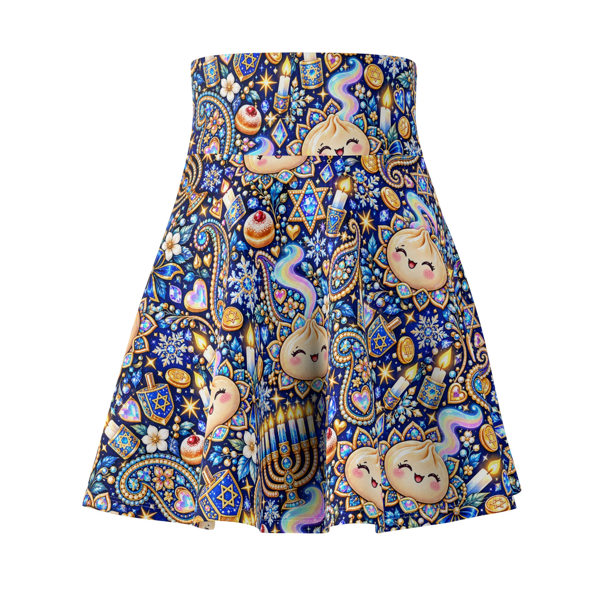 Eight Cozy Nights Hanukkah Skater Skirt — Dumpling, Menorah & Dreidel Print