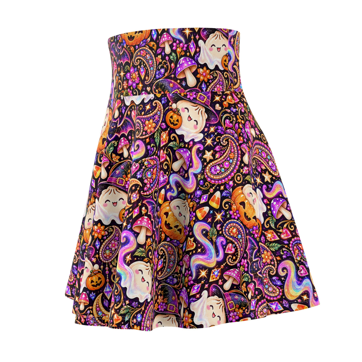 Spooky Buns Halloween Skater Skirt — Ghost, Pumpkin & Dumpling Paisley
