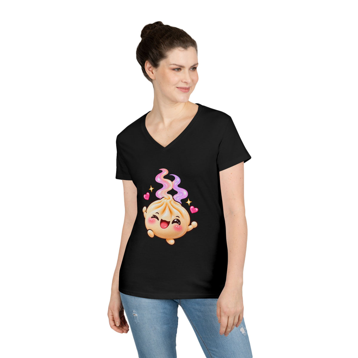 Dim Sum Bun V-Neck Tee — 'Wanton Dim Sum Buns' Cute Kawaii Food Shirt
