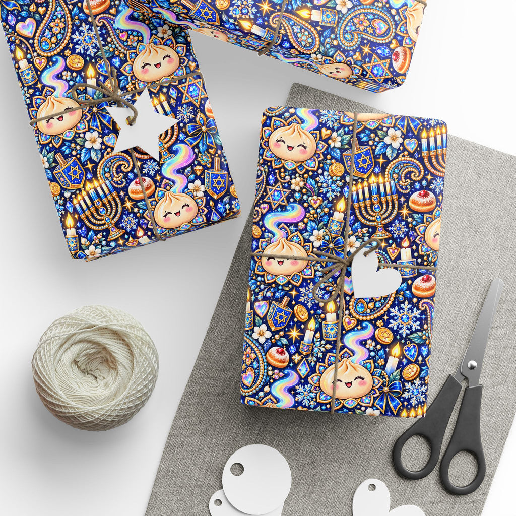 Eight Cozy Nights Hanukkah Wrapping Paper — Kawaii Dumpling Gift Wrap
