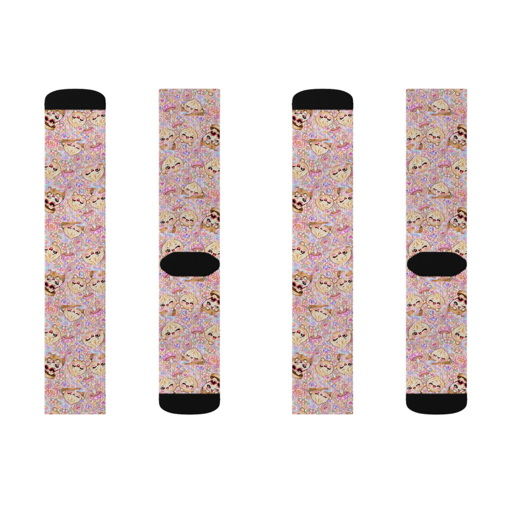 Cute Dumpling Pastel Pattern Sublimation Socks — Pink Floral Cozy Crew Socks