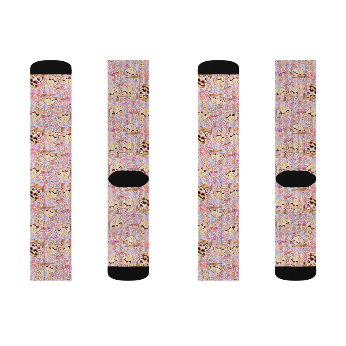 Cute Dumpling Pastel Pattern Sublimation Socks — Pink Floral Cozy Crew Socks