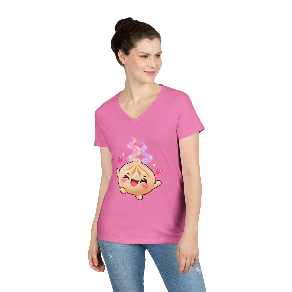 Dim Sum Bun V-Neck Tee — 'Wanton Dim Sum Buns' Cute Kawaii Food Shirt