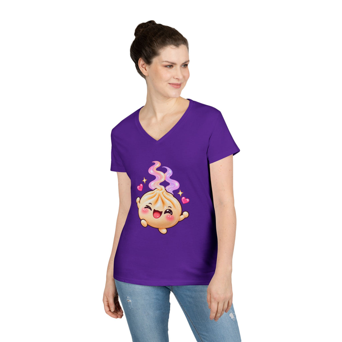 Dim Sum Bun V-Neck Tee — 'Wanton Dim Sum Buns' Cute Kawaii Food Shirt