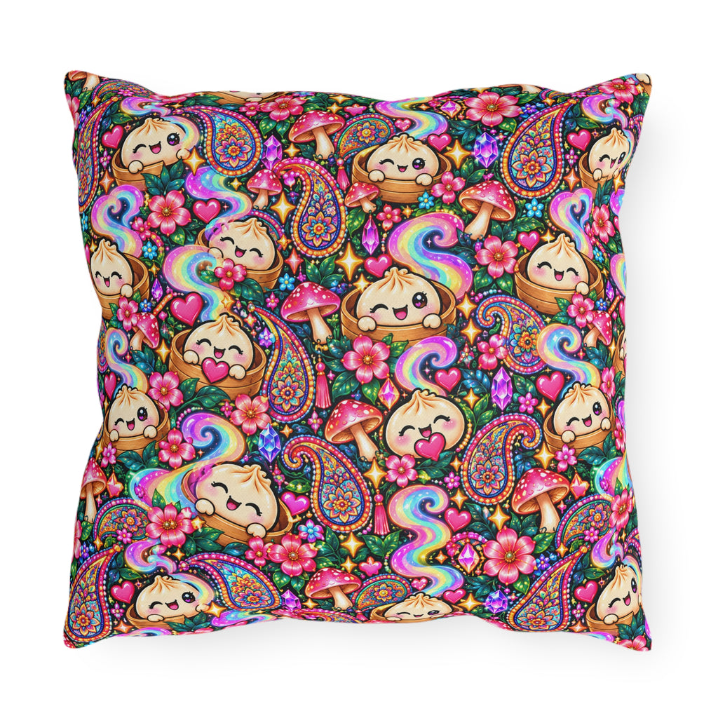 Kawaii Rainbow Dumpling Outdoor Pillow - Cute Mushroom & Flowers Accent Cushion