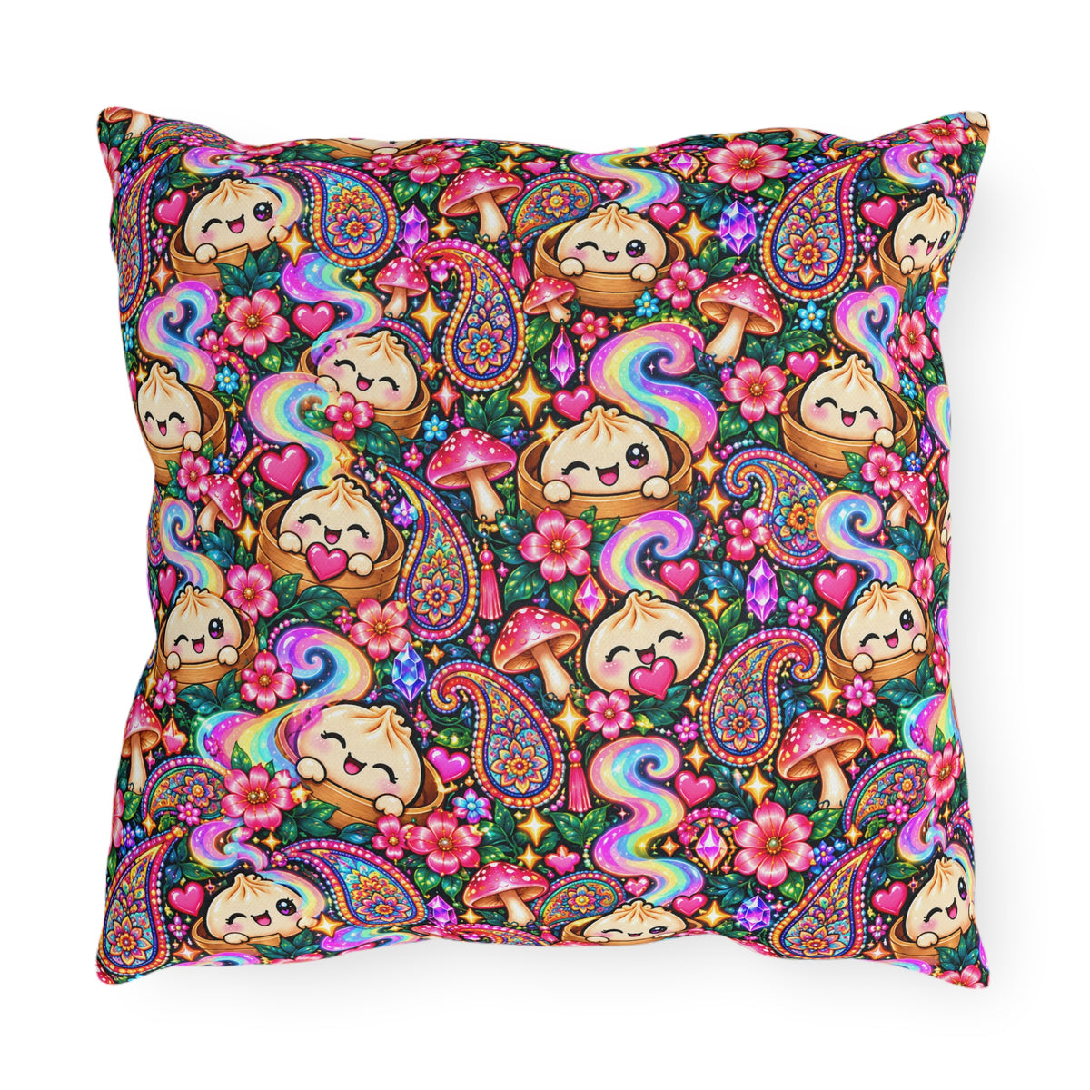 Kawaii Rainbow Dumpling Outdoor Pillow - Cute Mushroom & Flowers Accent Cushion