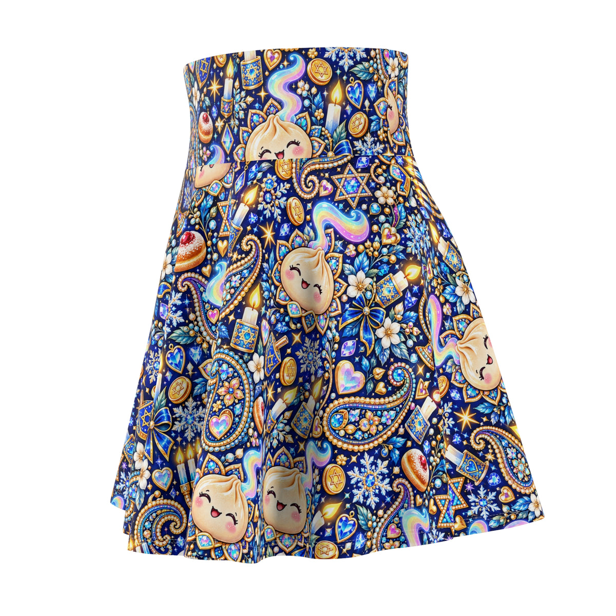 Eight Cozy Nights Hanukkah Skater Skirt — Dumpling, Menorah & Dreidel Print
