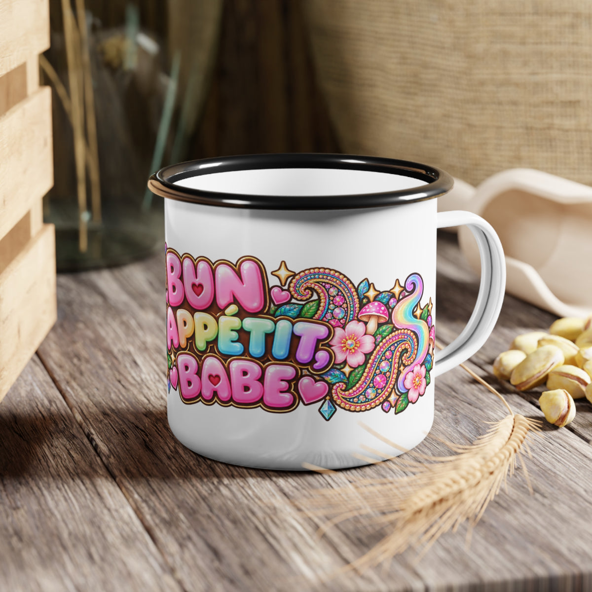Bon Appétit, Babe Enamel Camp Mug — Kawaii Dumpling Cup
