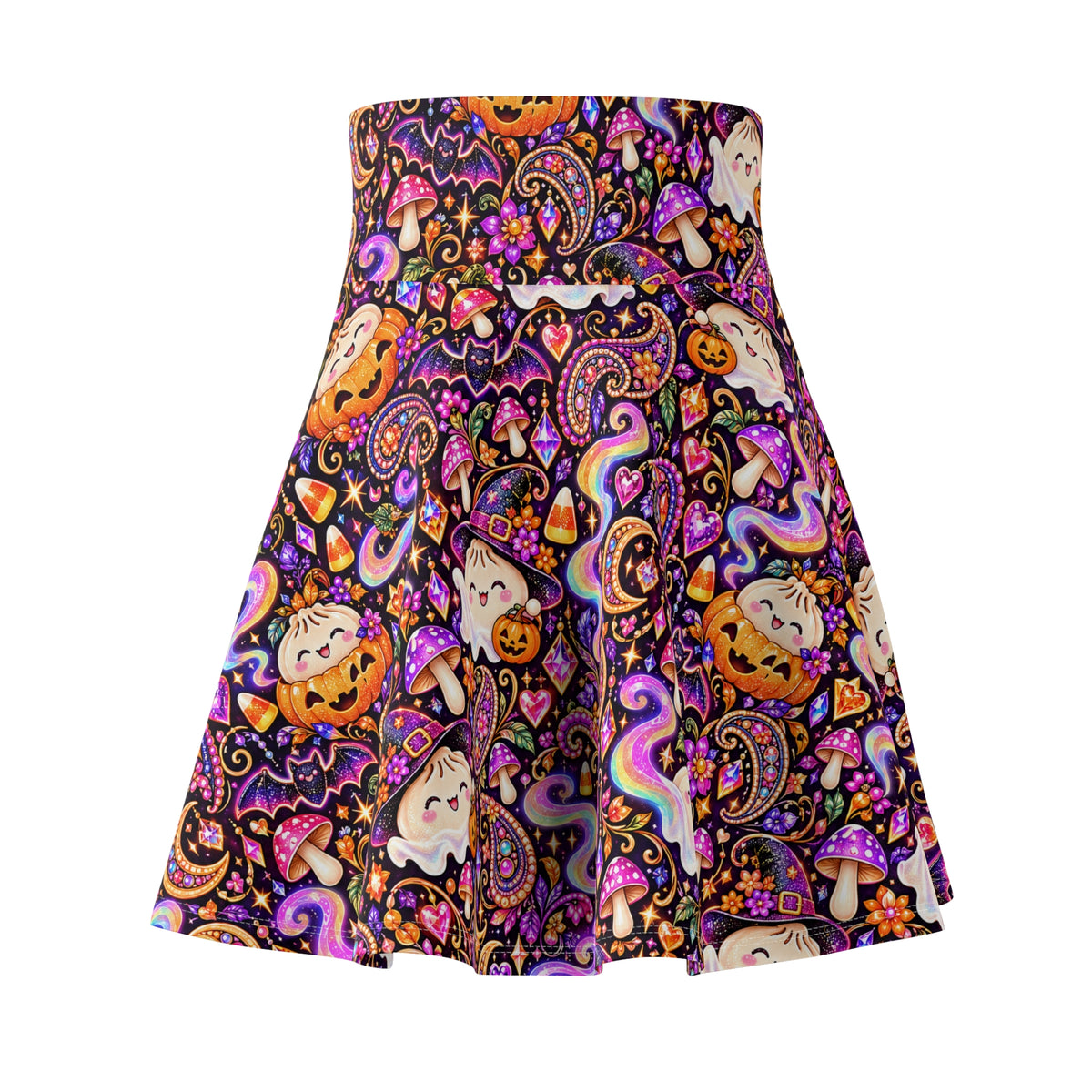 Spooky Buns Halloween Skater Skirt — Ghost, Pumpkin & Dumpling Paisley