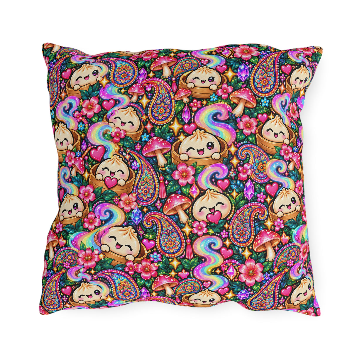 Kawaii Rainbow Dumpling Outdoor Pillow - Cute Mushroom & Flowers Accent Cushion