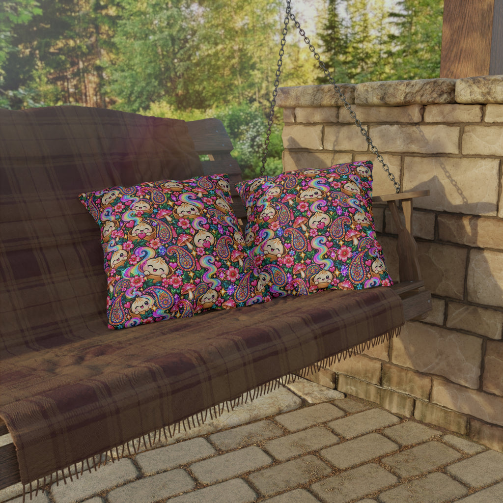 Kawaii Rainbow Dumpling Outdoor Pillow - Cute Mushroom & Flowers Accent Cushion