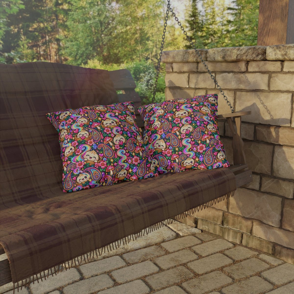 Kawaii Rainbow Dumpling Outdoor Pillow - Cute Mushroom & Flowers Accent Cushion