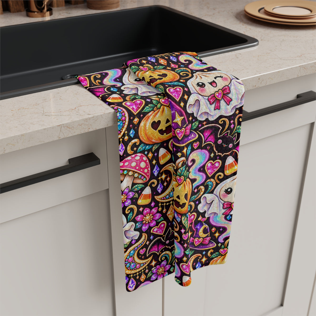 Halloween Kawaii Ghost & Jack-O'-Lantern  Dumpling Microfiber Tea Towel