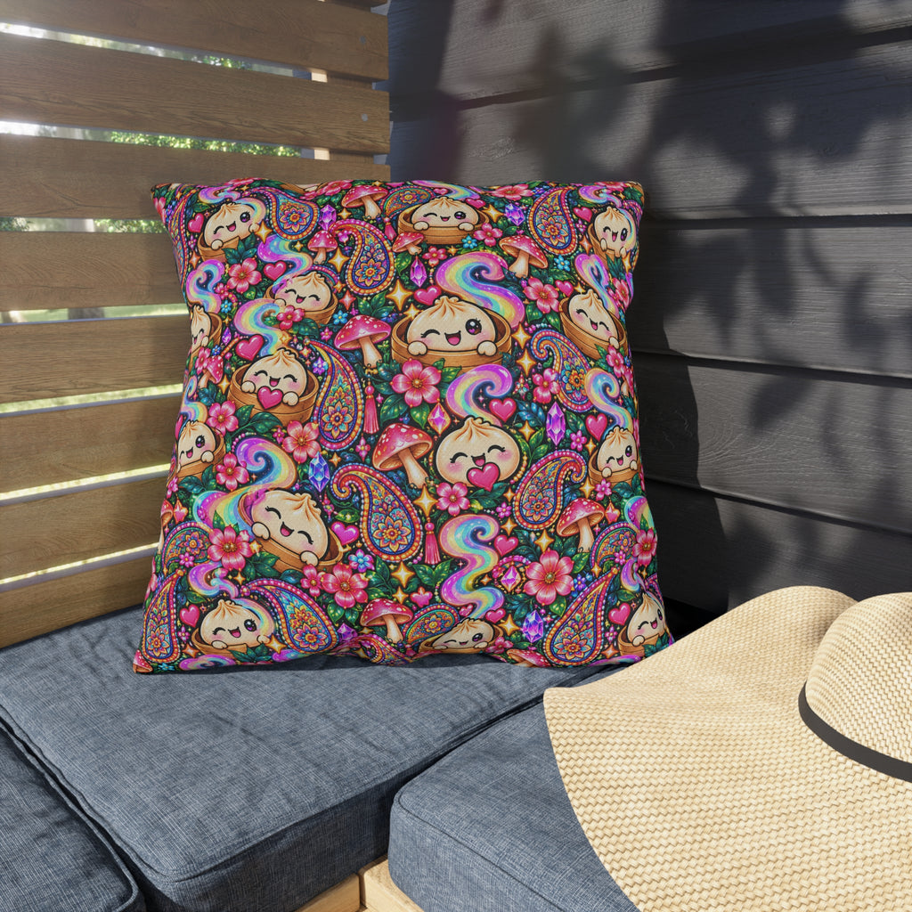Kawaii Rainbow Dumpling Outdoor Pillow - Cute Mushroom & Flowers Accent Cushion