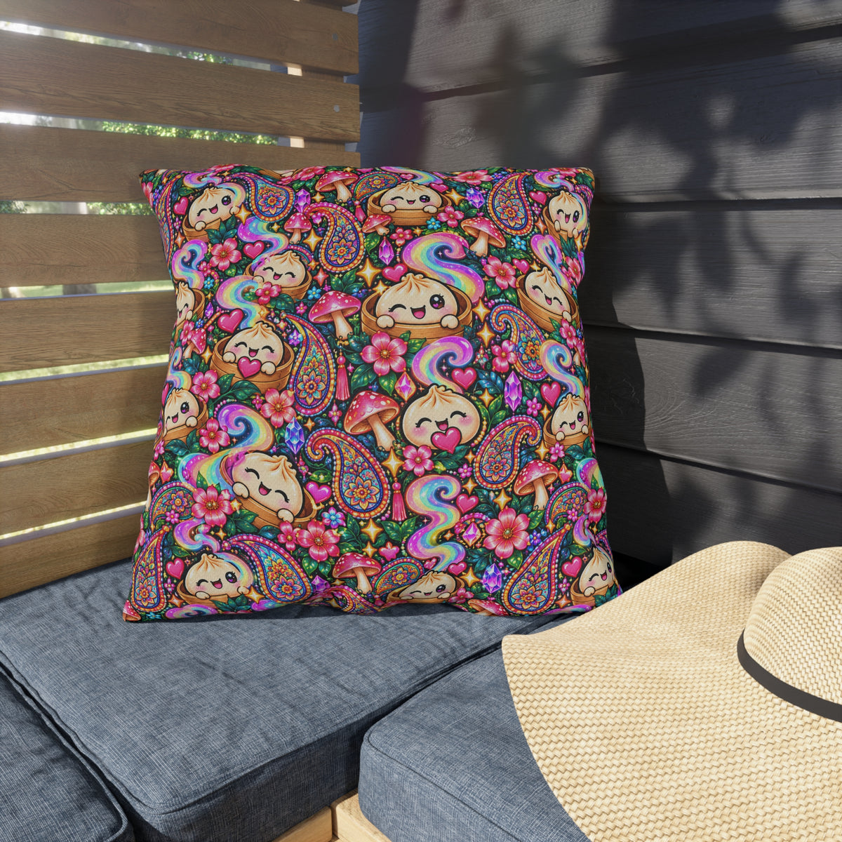 Kawaii Rainbow Dumpling Outdoor Pillow - Cute Mushroom & Flowers Accent Cushion