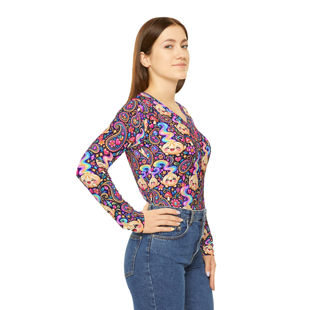 Wanton Dimsum Buns Paisley V-Neck Long Sleeve — Psychedelic Dumpling Print
