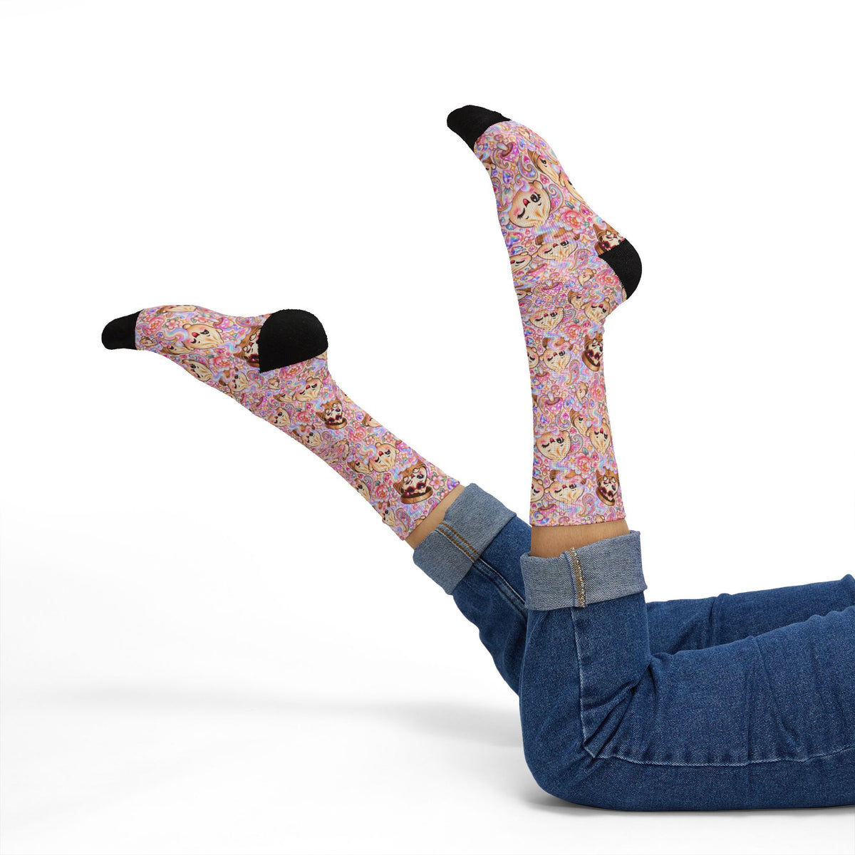 Cute Dumpling Pastel Pattern Sublimation Socks — Pink Floral Cozy Crew Socks