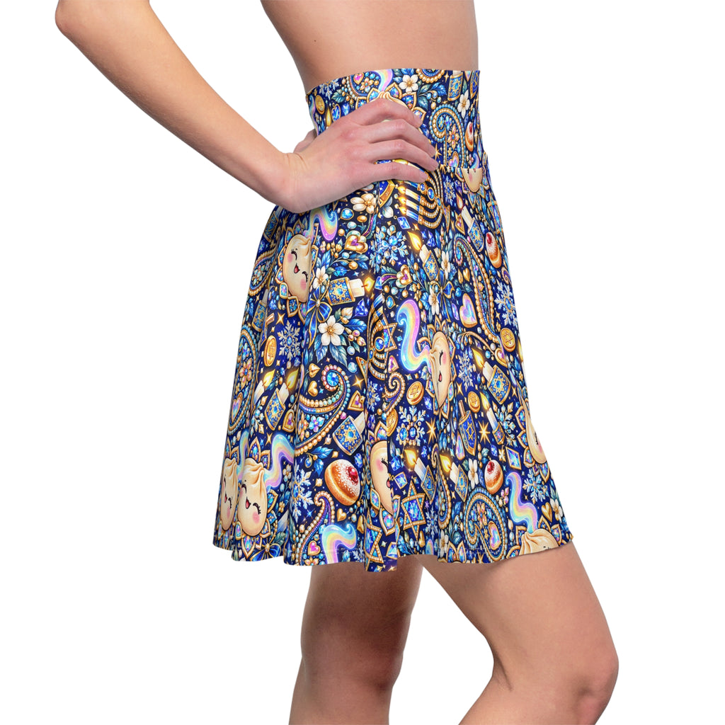 Eight Cozy Nights Hanukkah Skater Skirt — Dumpling, Menorah & Dreidel Print