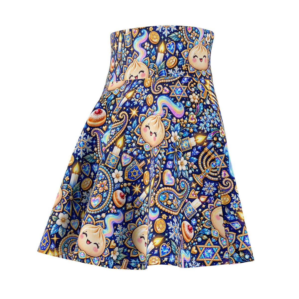 Eight Cozy Nights Hanukkah Skater Skirt — Dumpling, Menorah & Dreidel Print