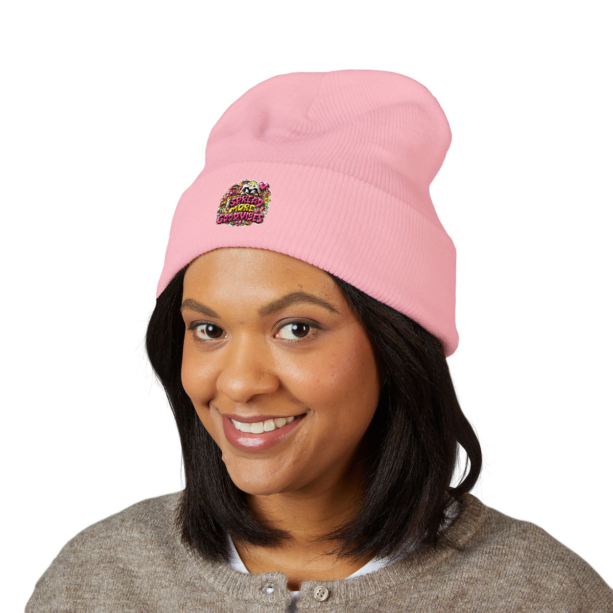 Embroidered Floral 'Love' Cuffed Beanie "Spread More Good Vibes"