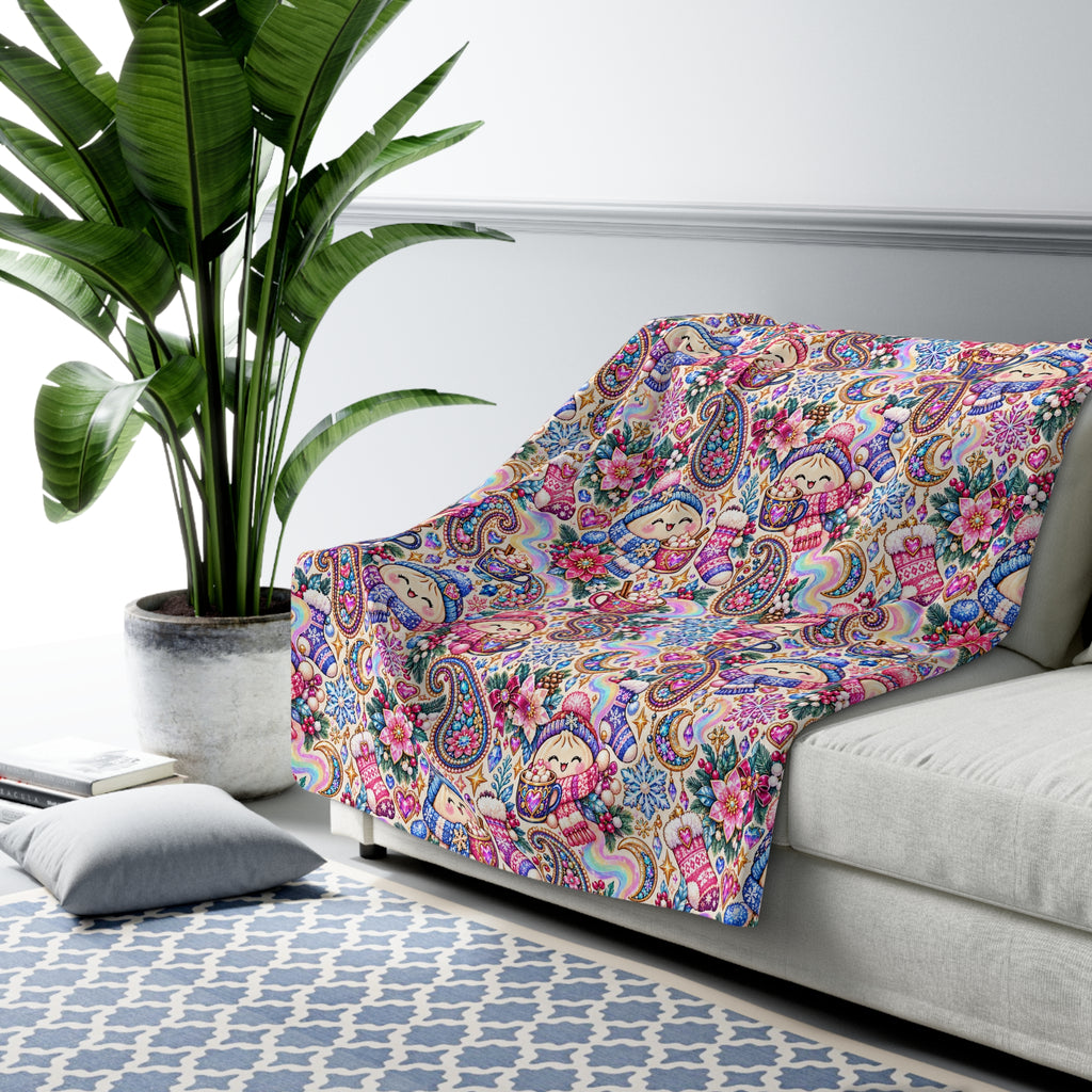 Floral Paisley Dumplings Sherpa Blanket — Cozy Plush Throw for Kids & Adults