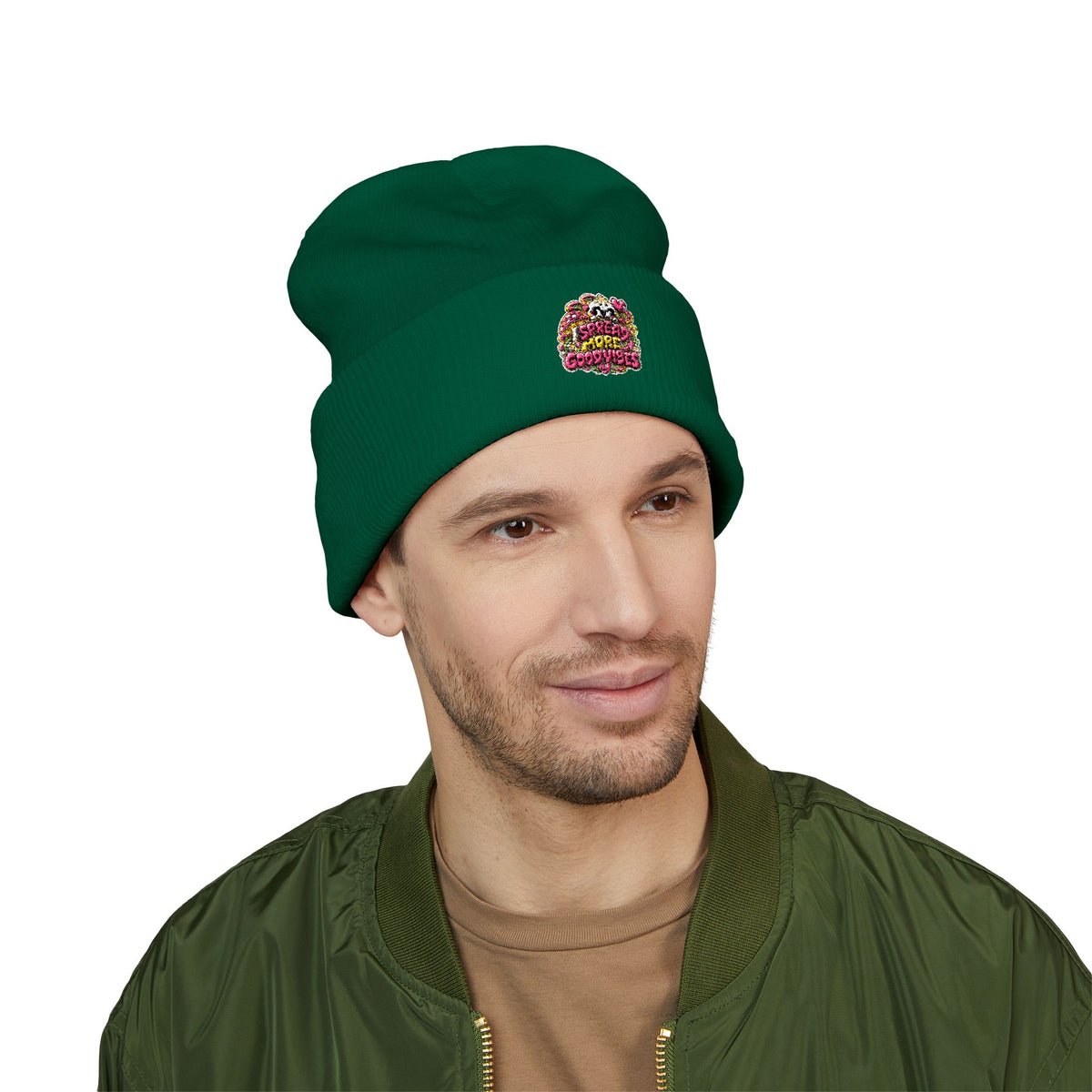 Embroidered Floral 'Love' Cuffed Beanie "Spread More Good Vibes"
