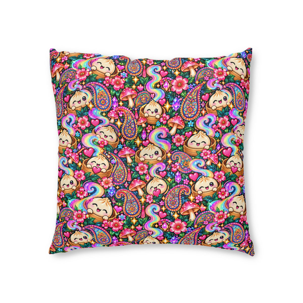 Colorful Paisley Dumpling Floor Pillow — Square Tufted Decorative Cushion