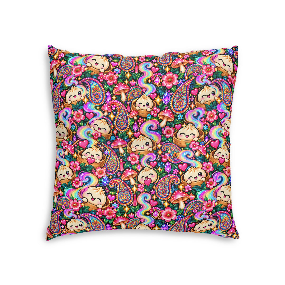 Colorful Paisley Dumpling Floor Pillow — Square Tufted Decorative Cushion