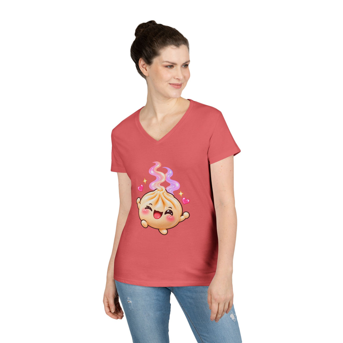 Dim Sum Bun V-Neck Tee — 'Wanton Dim Sum Buns' Cute Kawaii Food Shirt