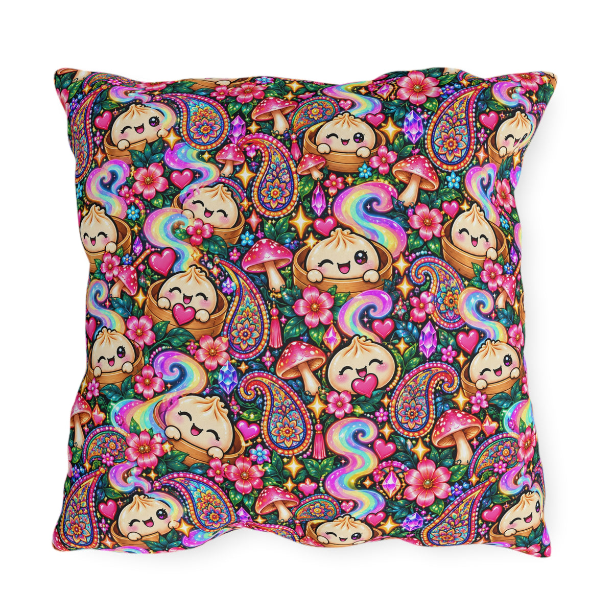 Kawaii Rainbow Dumpling Outdoor Pillow - Cute Mushroom & Flowers Accent Cushion