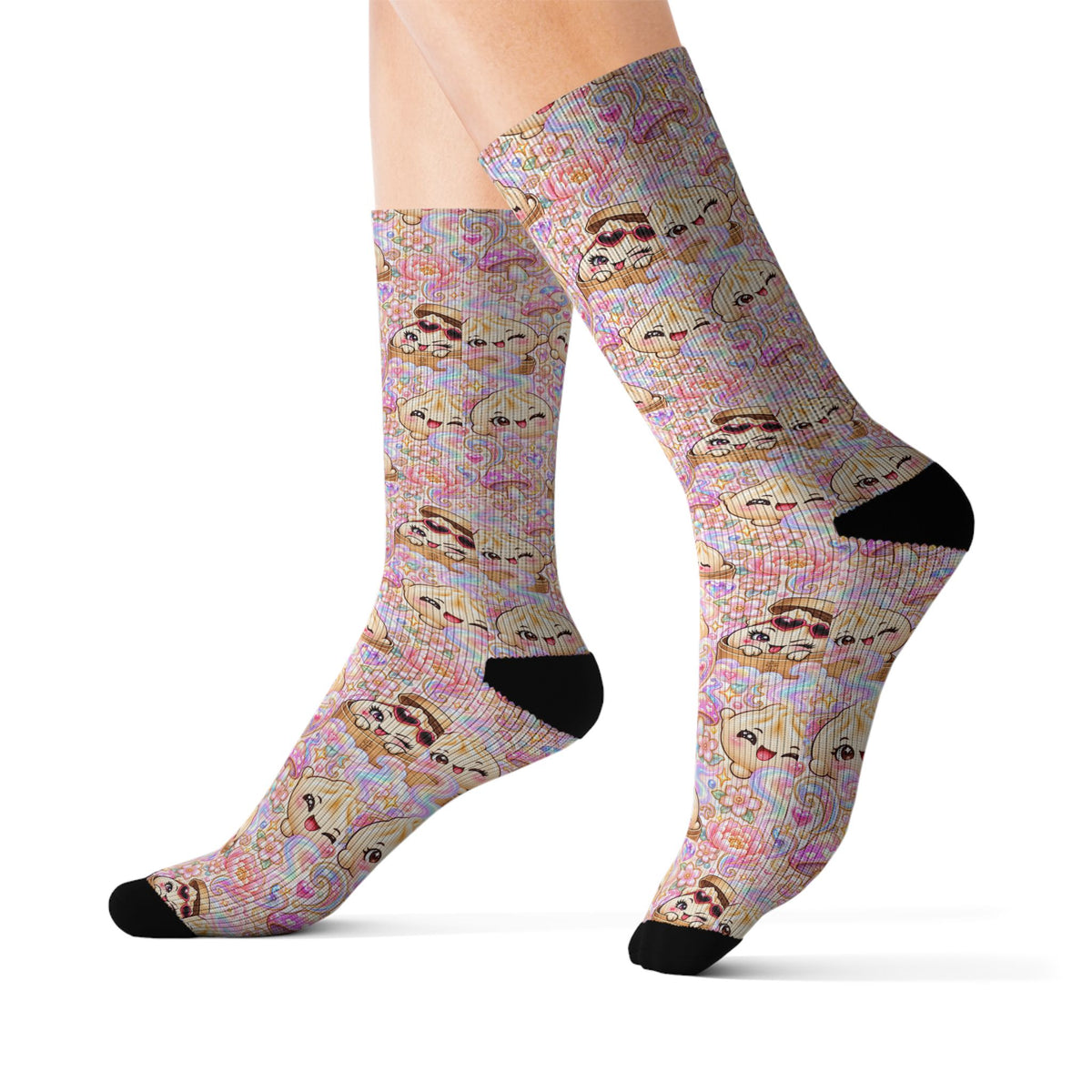 Cute Dumpling Pastel Pattern Sublimation Socks — Pink Floral Cozy Crew Socks